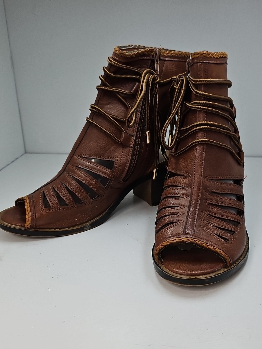 Avanti Brown Lace-Up Peep-Toe Ankle Sandals